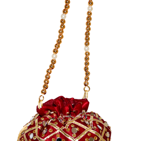 Traditional Handmade Cotton Red Potli Bag with Beads and Mirror Work